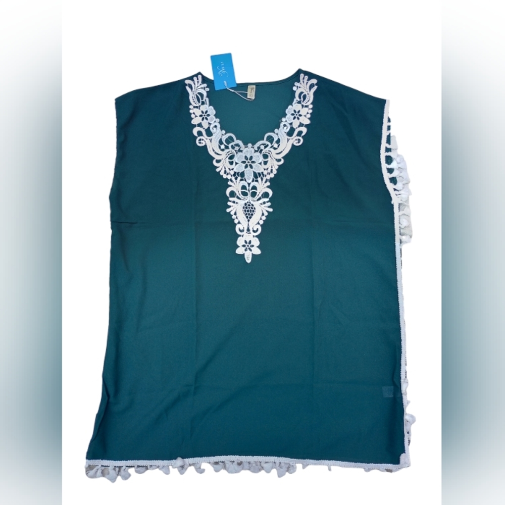NWT Hunter Green Lace Fringe Tassel Beach Swim Poncho Cover Up Large - Picture 2 of 4